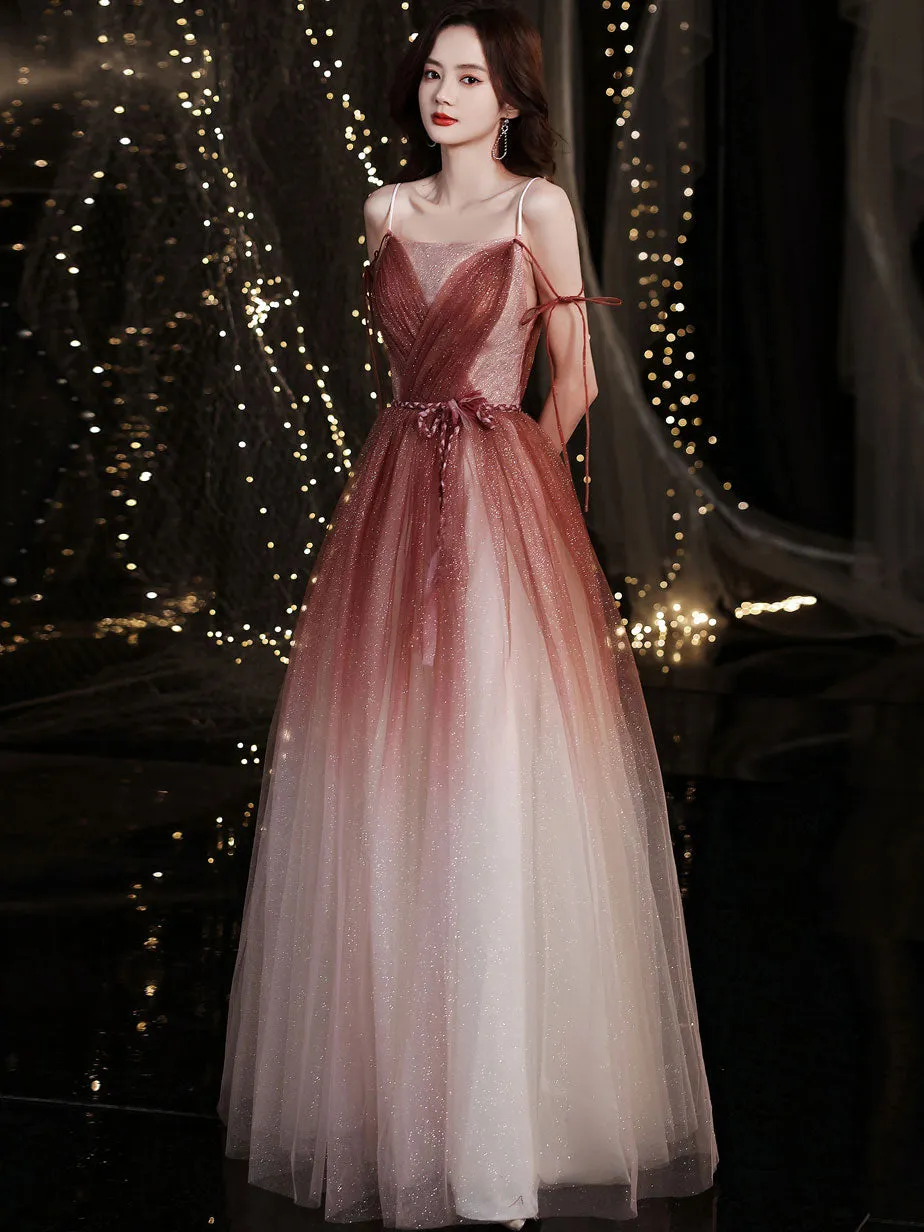 Simple Burgundy Tulle Long Prom Dress, Burgundy Formal Graduation Dress