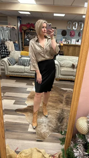 Solid Black Satin Midi Skirt