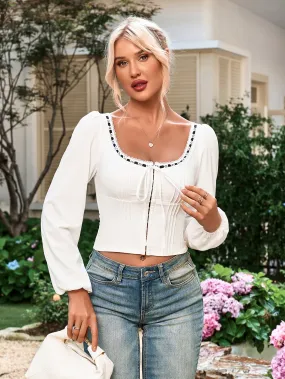 Square Neck Tie Hook And Eye Lace Contrast Top
