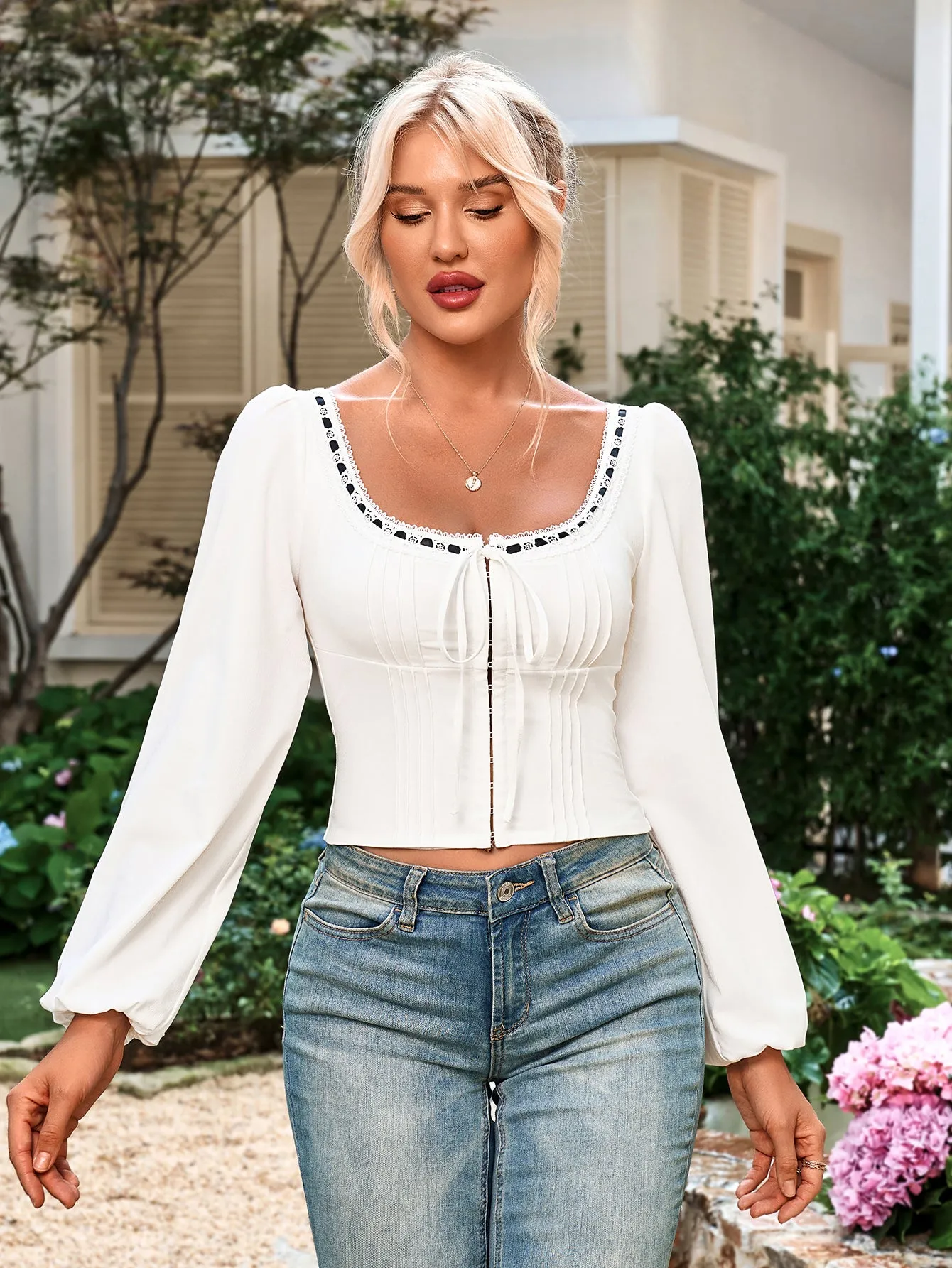 Square Neck Tie Hook And Eye Lace Contrast Top