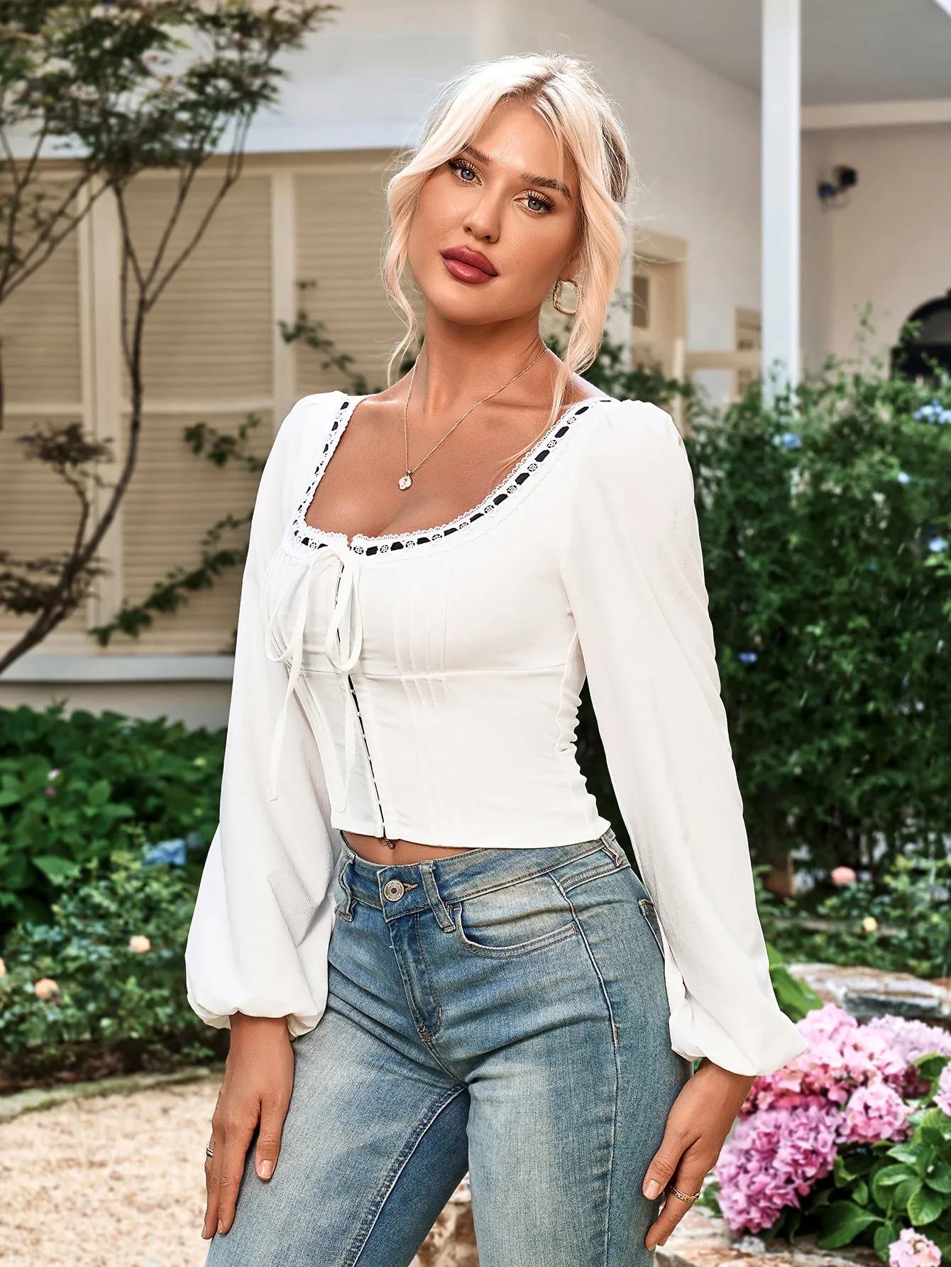 Square Neck Tie Hook And Eye Lace Contrast Top