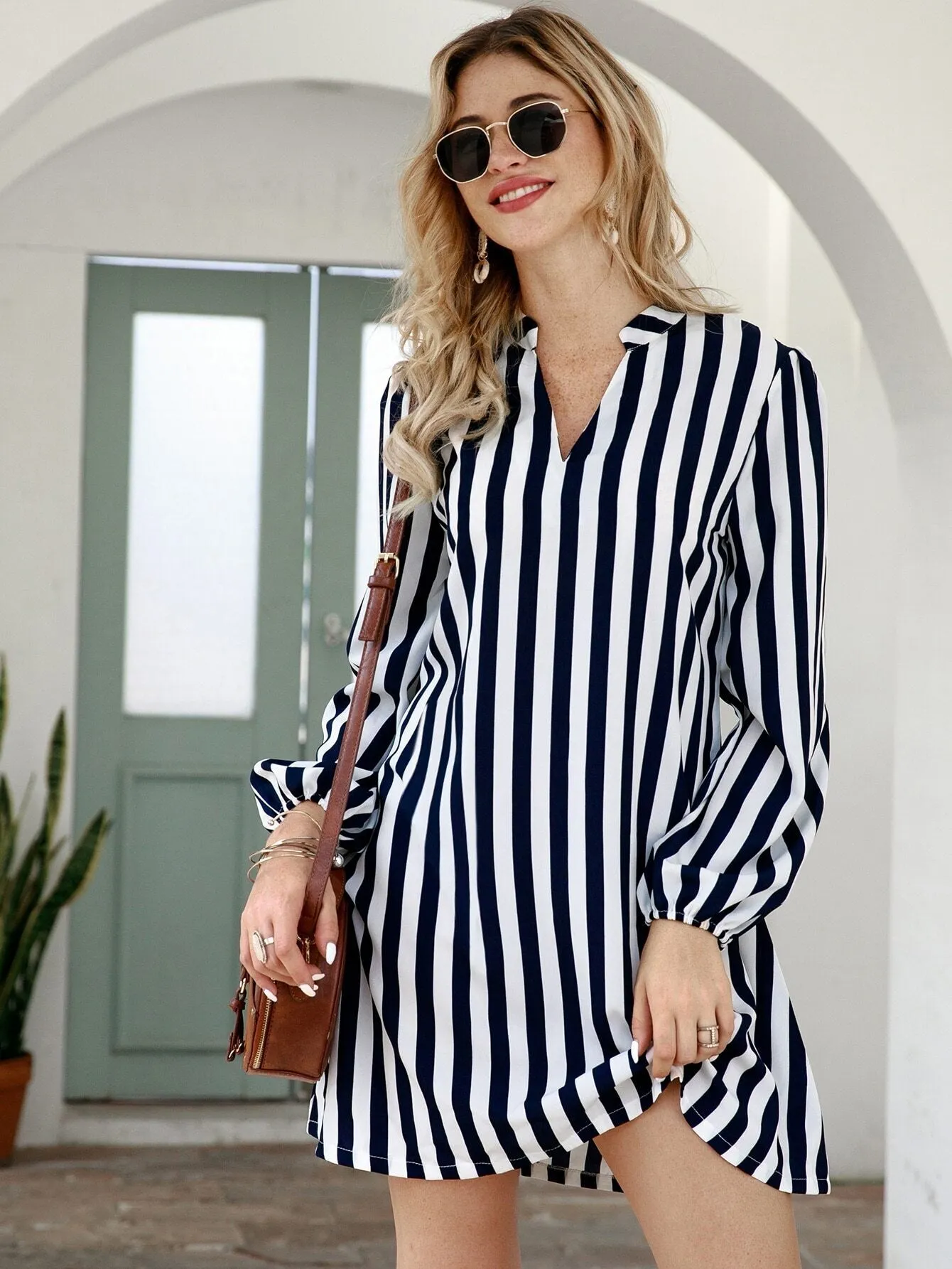 Striped Notched Neck Tunic Dress
