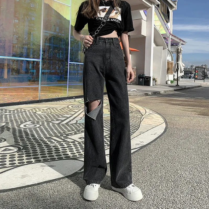 Summer Thin Gray High Waist Ripped Denim Pants Women Drape Floor Length Wide Leg Pants Loose Straight chic Pants
