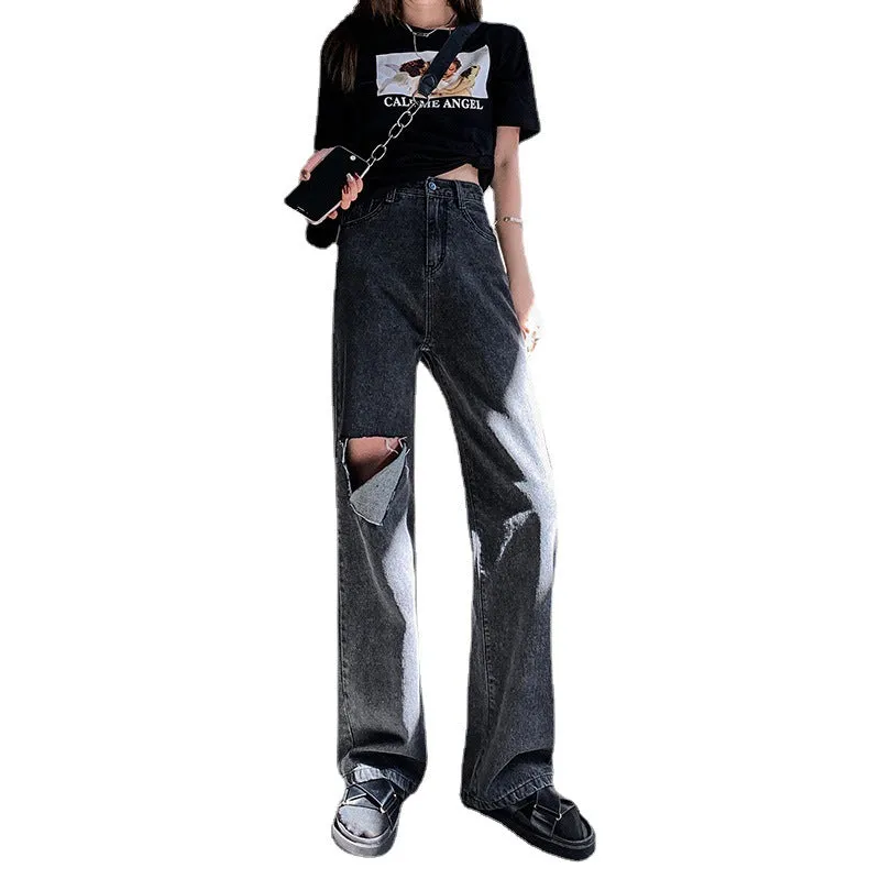 Summer Thin Gray High Waist Ripped Denim Pants Women Drape Floor Length Wide Leg Pants Loose Straight chic Pants