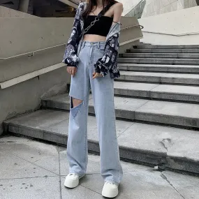 Summer Thin Gray High Waist Ripped Denim Pants Women Drape Floor Length Wide Leg Pants Loose Straight chic Pants