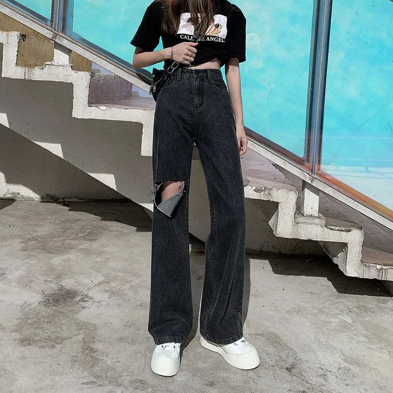 Summer Thin Gray High Waist Ripped Denim Pants Women Drape Floor Length Wide Leg Pants Loose Straight chic Pants
