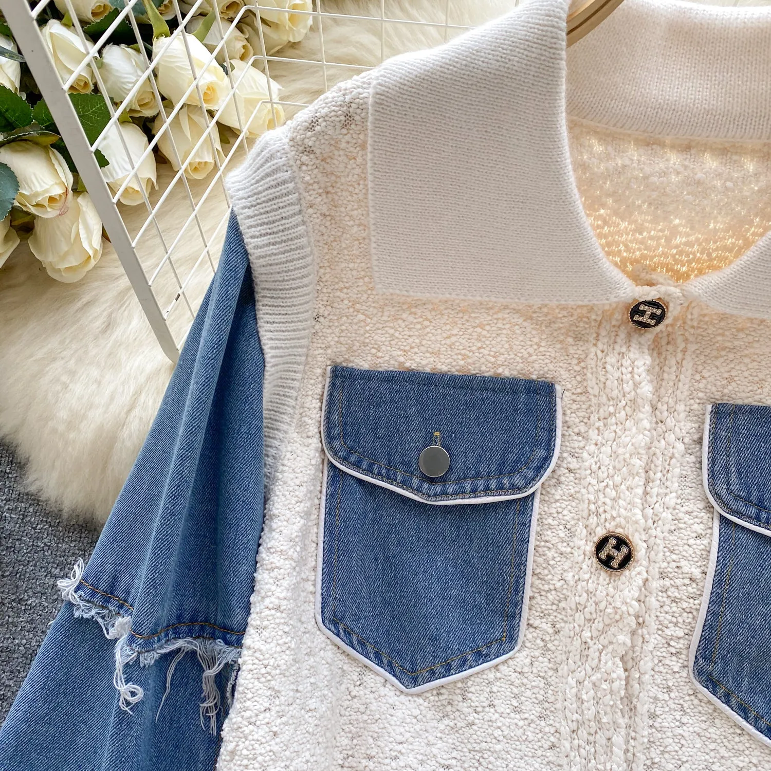 Sweetie Furry Denim Patchwork Cardigan