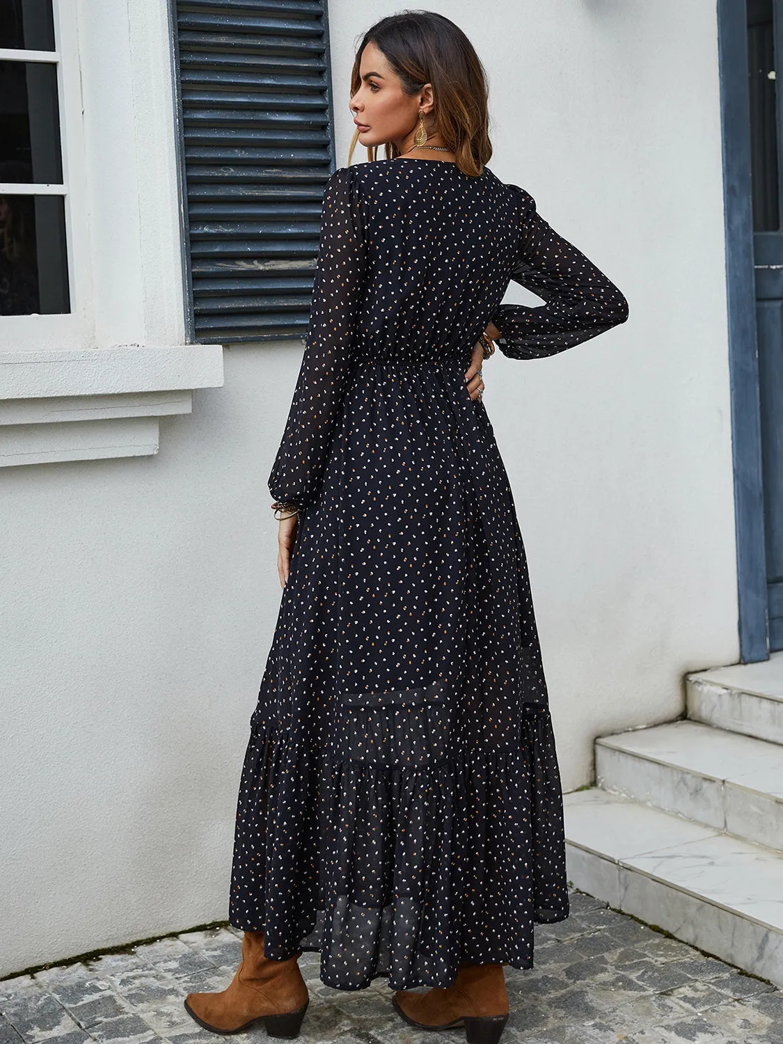 TEEK - Black Embroidered V-Neck Long Sleeve Dress