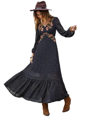 TEEK - Black Embroidered V-Neck Long Sleeve Dress