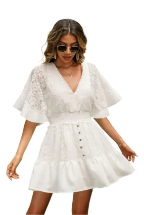 TEEK - White Lace Falling Button Half Sleeve Dress