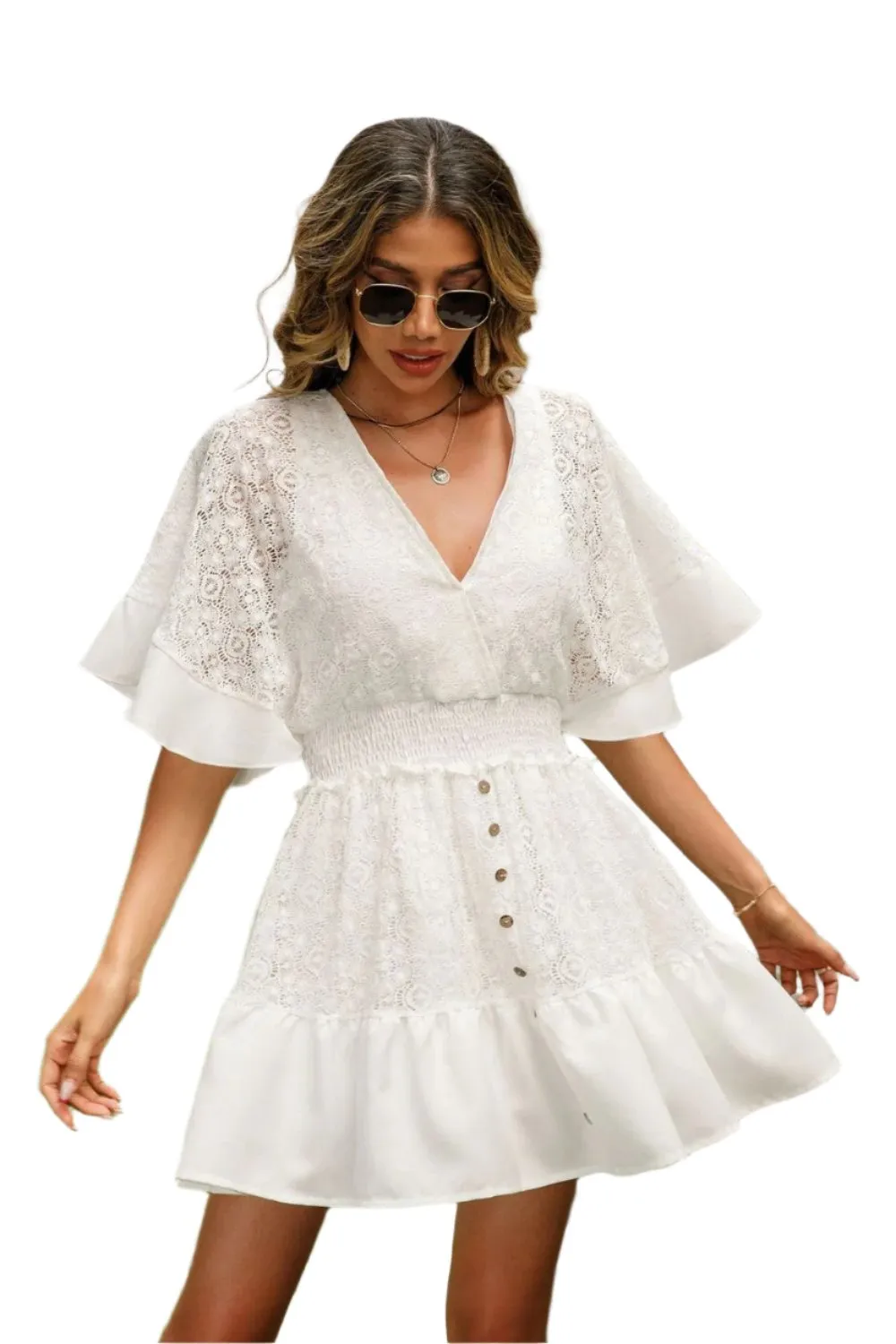 TEEK - White Lace Falling Button Half Sleeve Dress