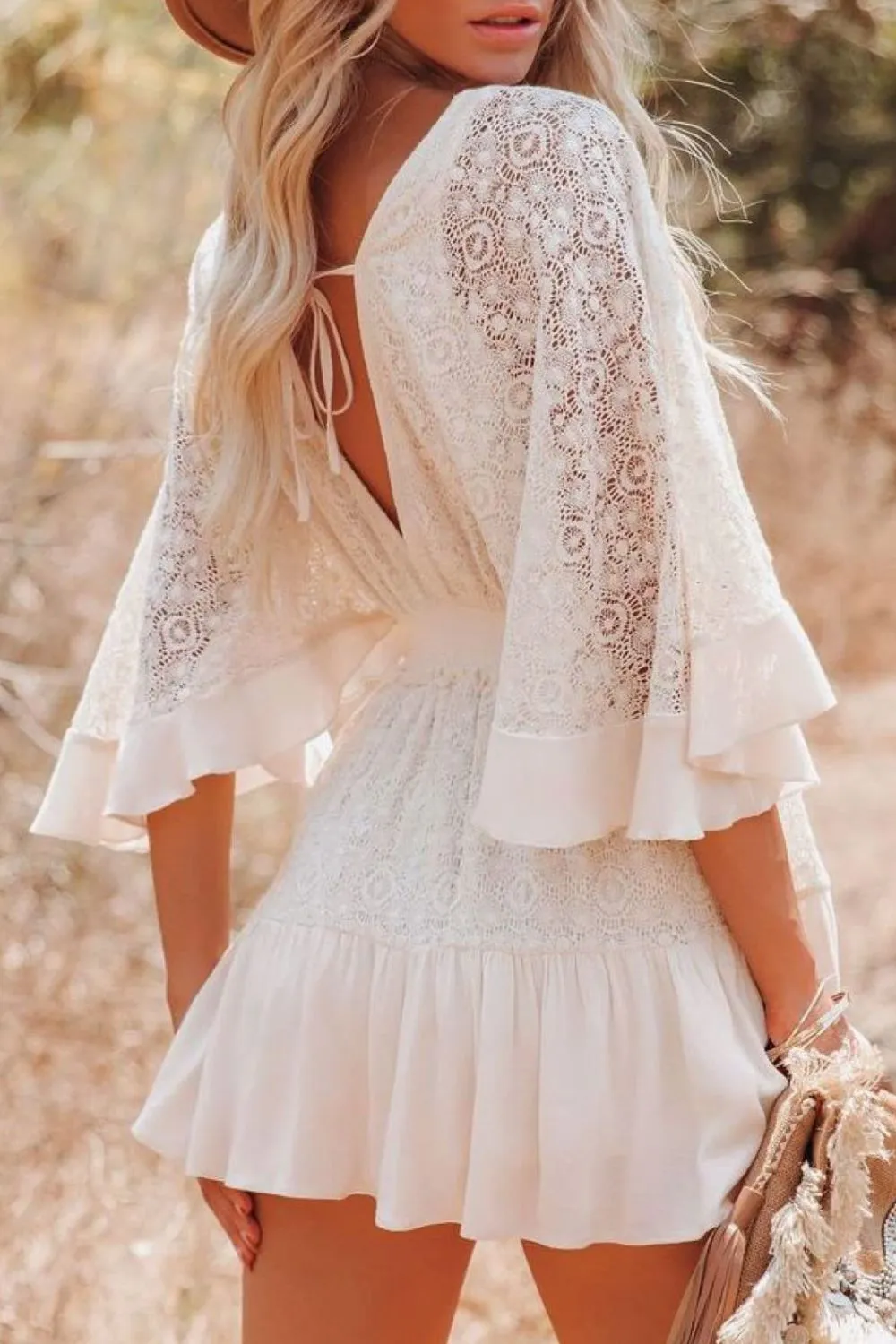 TEEK - White Lace Falling Button Half Sleeve Dress