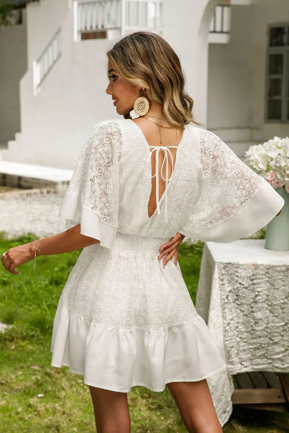 TEEK - White Lace Falling Button Half Sleeve Dress