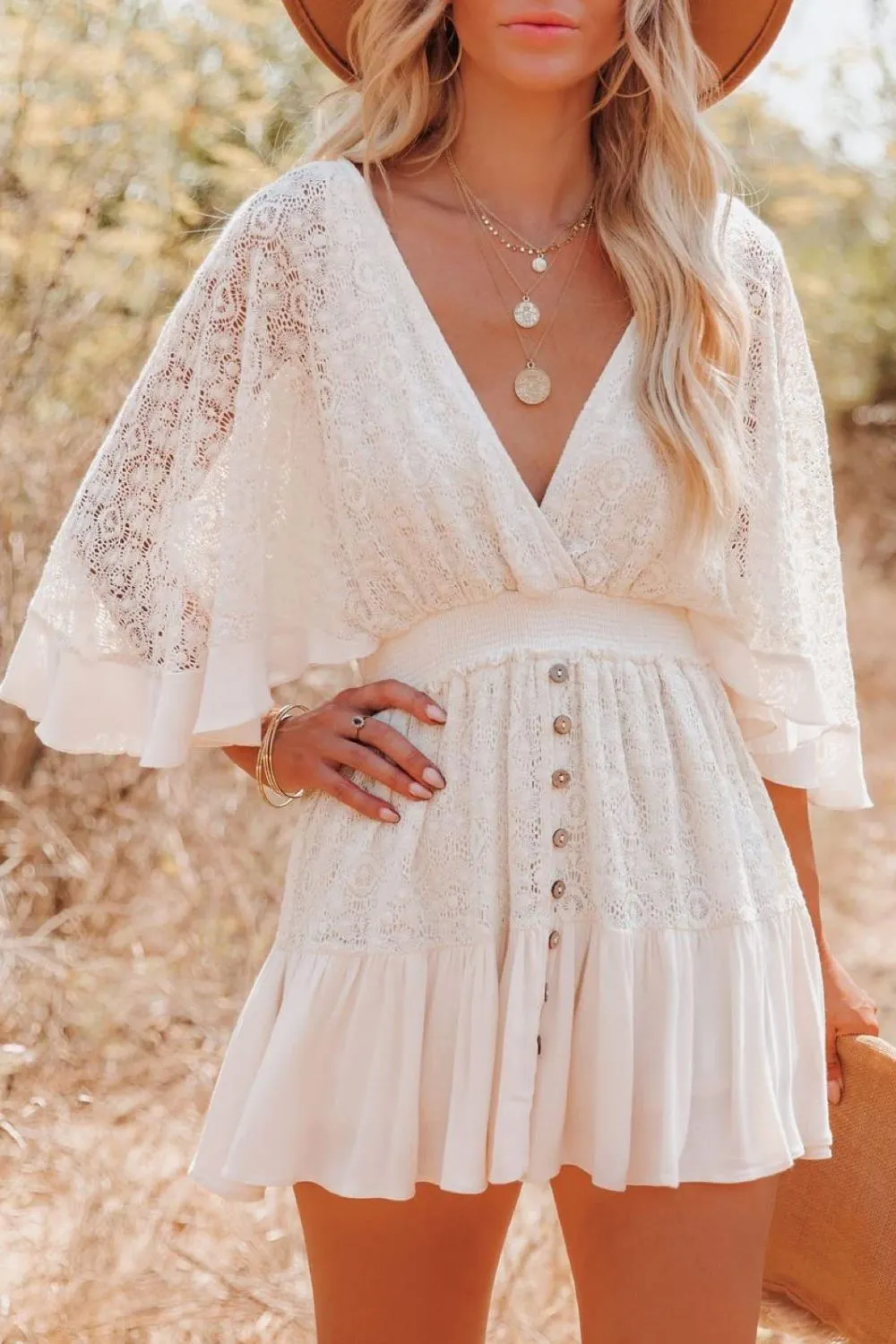 TEEK - White Lace Falling Button Half Sleeve Dress