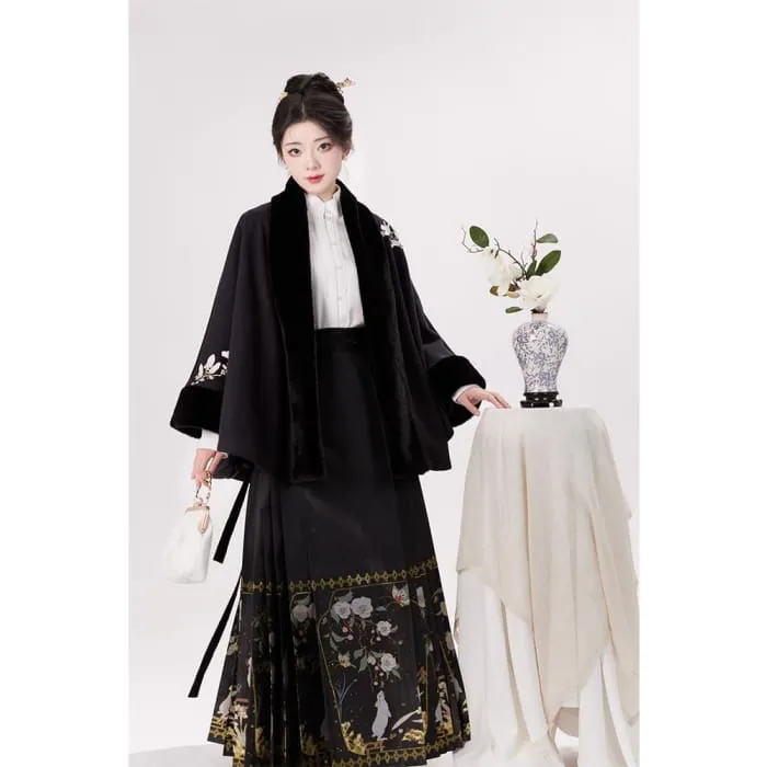 Traditional Chinese Embroidered Open Front Cape / High Waist Maxi A-Line Skirt / Long-Sleeve Blouse / Set