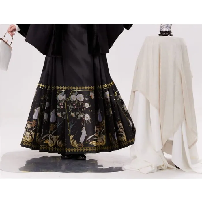 Traditional Chinese Embroidered Open Front Cape / High Waist Maxi A-Line Skirt / Long-Sleeve Blouse / Set
