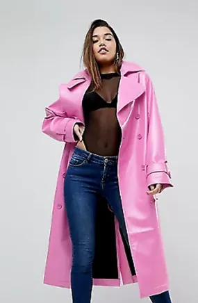 Uli Pink Leather Long Trench Coat Women Outfit