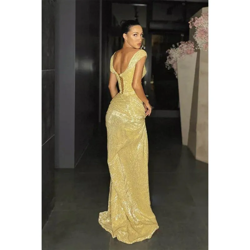 Unique Scoop Cap Sleeves High Split Mermaid Prom Dress Glitter