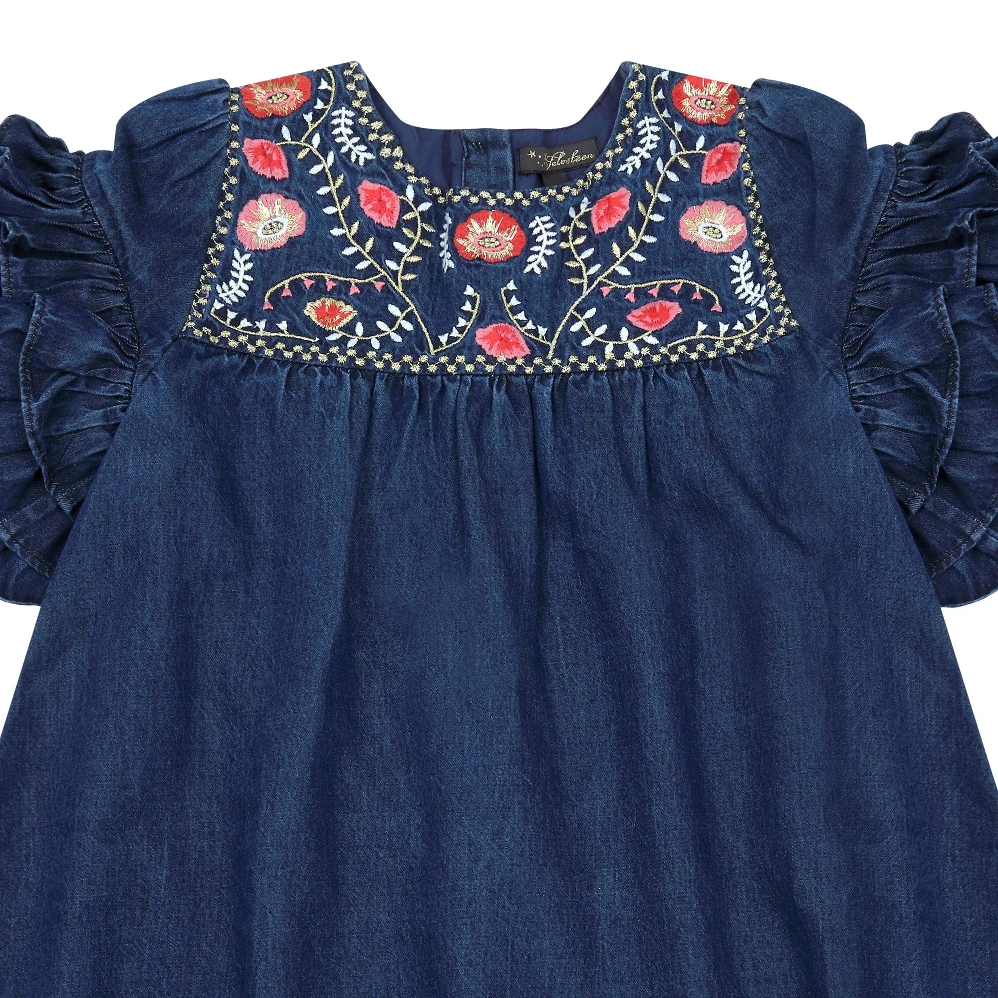 Velveteen Tiered Frill Sleeve Denim Dress