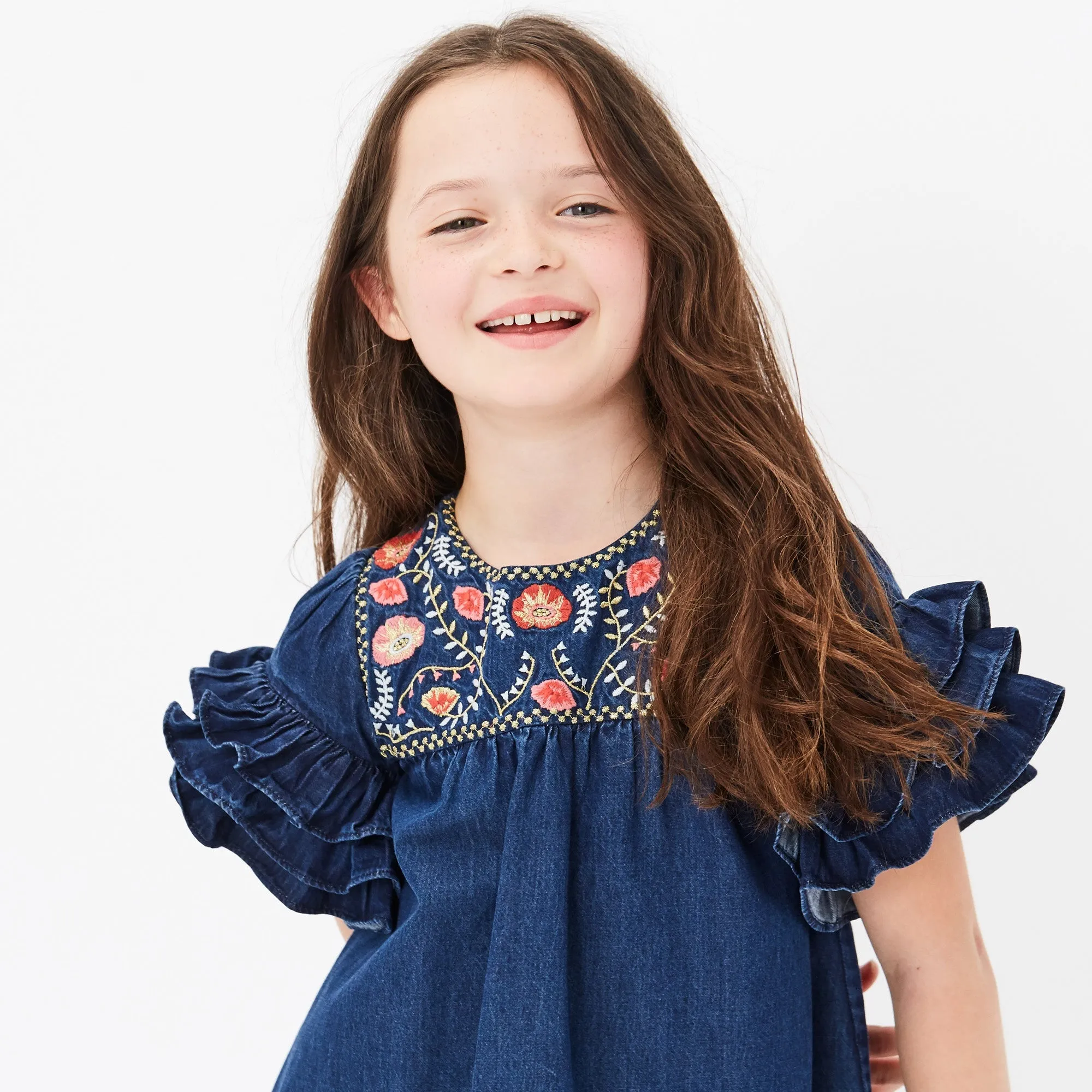 Velveteen Tiered Frill Sleeve Denim Dress
