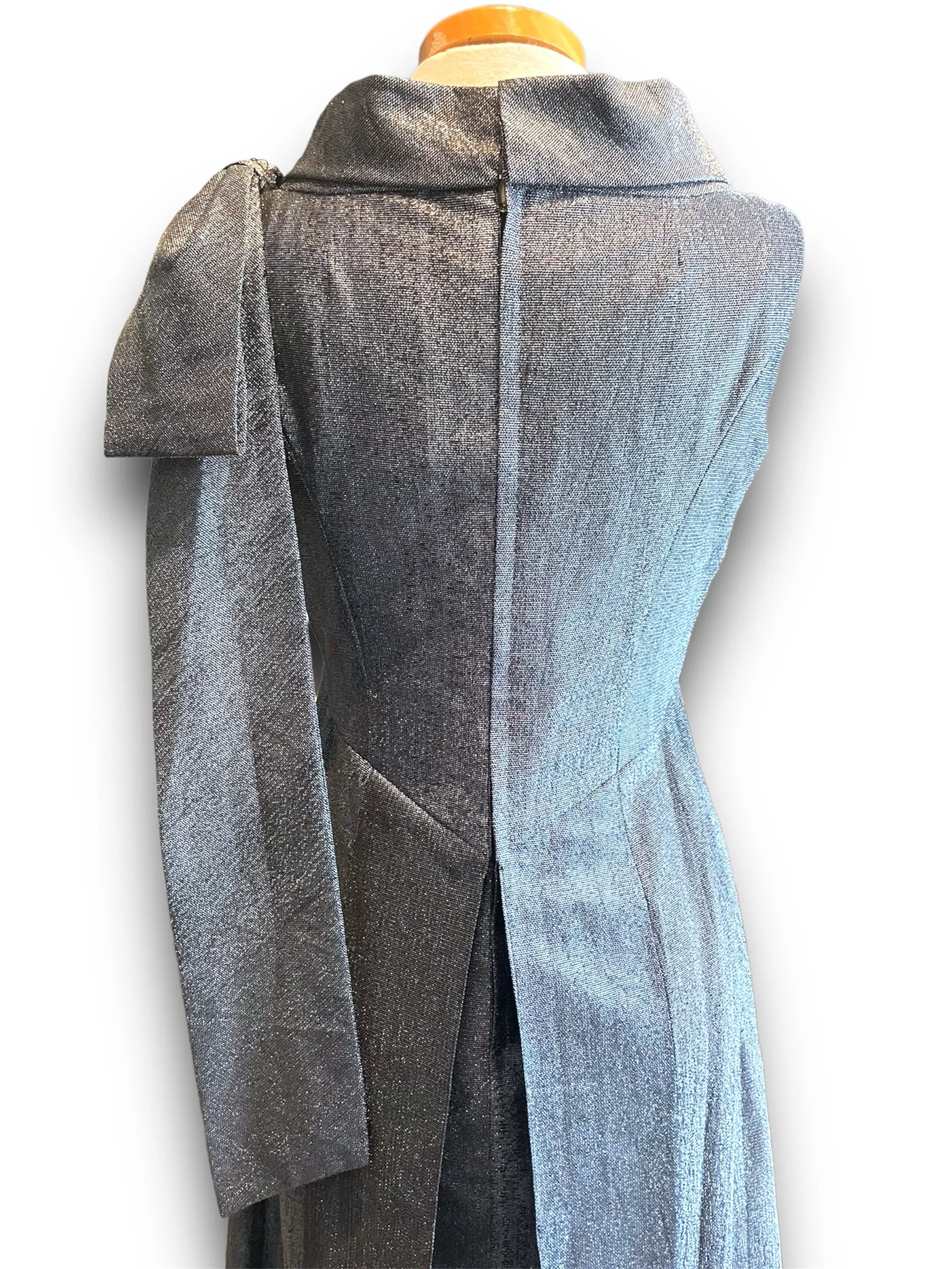 Vintage 1960’s Silver Metallic Long Formal Dress with Boat Neck & Shoulder Bow