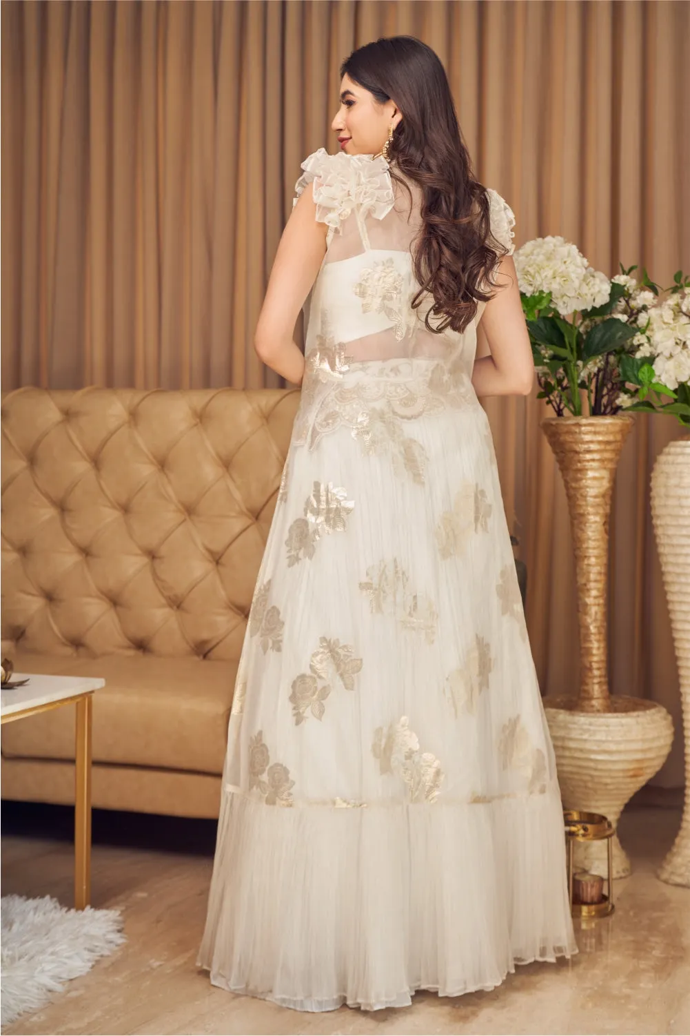 White Lehenga Choli And Sleeveless Cape With Ruffles