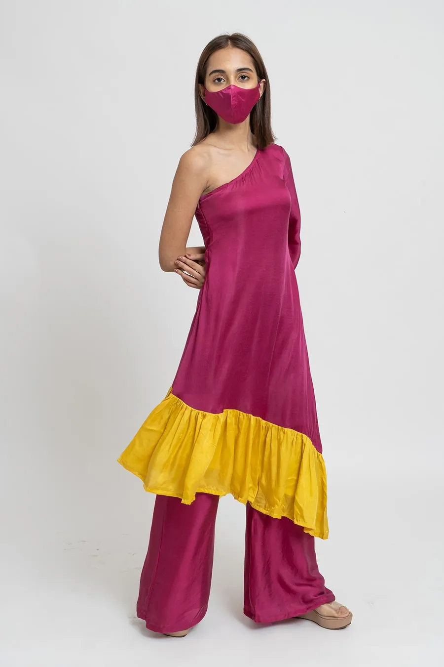 Wine & Yellow Co-Ord Set With Mask