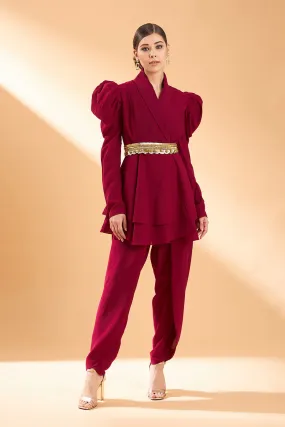 Wine Ornated Co-Ord Set With Belt