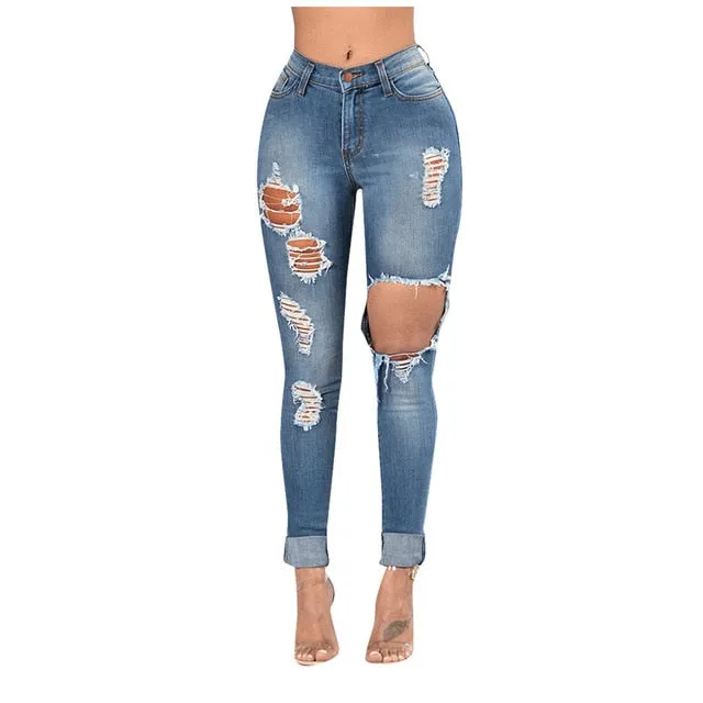 Women Fashion Ripped Jeans High Waist Big Hole Elastic Long Pencil Pants Tight Trousers Jeans Pantalones Vaqueros Mujer#25