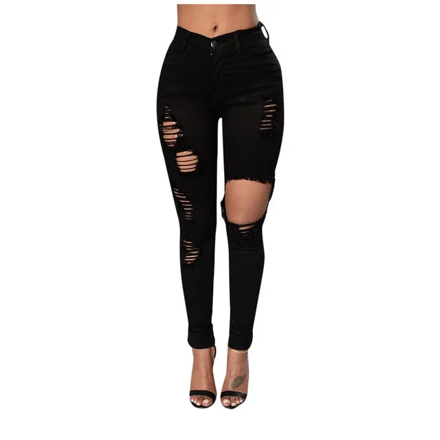 Women Fashion Ripped Jeans High Waist Big Hole Elastic Long Pencil Pants Tight Trousers Jeans Pantalones Vaqueros Mujer#25