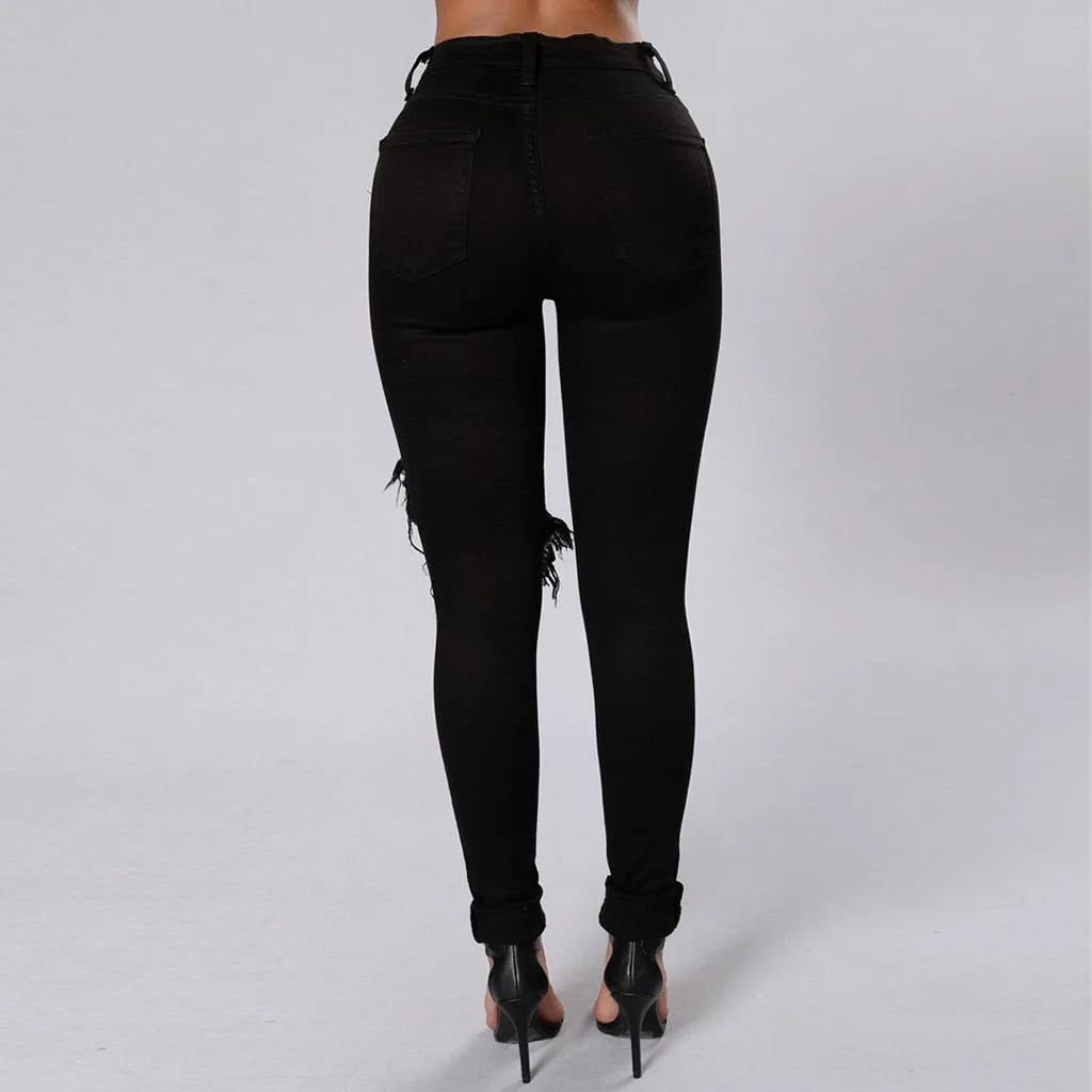 Women Fashion Ripped Jeans High Waist Big Hole Elastic Long Pencil Pants Tight Trousers Jeans Pantalones Vaqueros Mujer#25