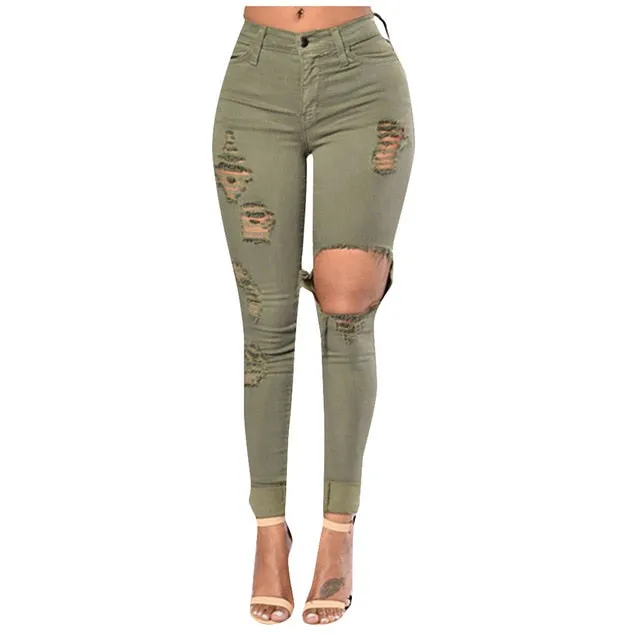 Women Fashion Ripped Jeans High Waist Big Hole Elastic Long Pencil Pants Tight Trousers Jeans Pantalones Vaqueros Mujer#25