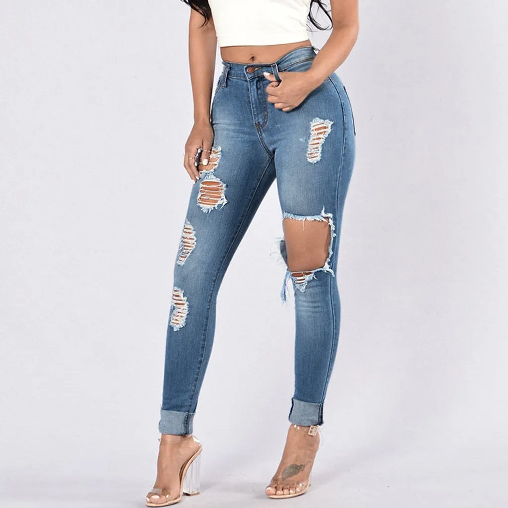 Women Fashion Ripped Jeans High Waist Big Hole Elastic Long Pencil Pants Tight Trousers Jeans Pantalones Vaqueros Mujer#25