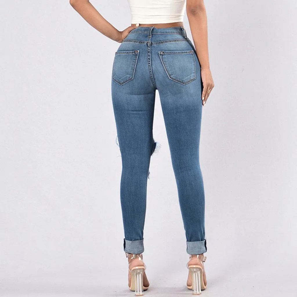 Women Fashion Ripped Jeans High Waist Big Hole Elastic Long Pencil Pants Tight Trousers Jeans Pantalones Vaqueros Mujer#25