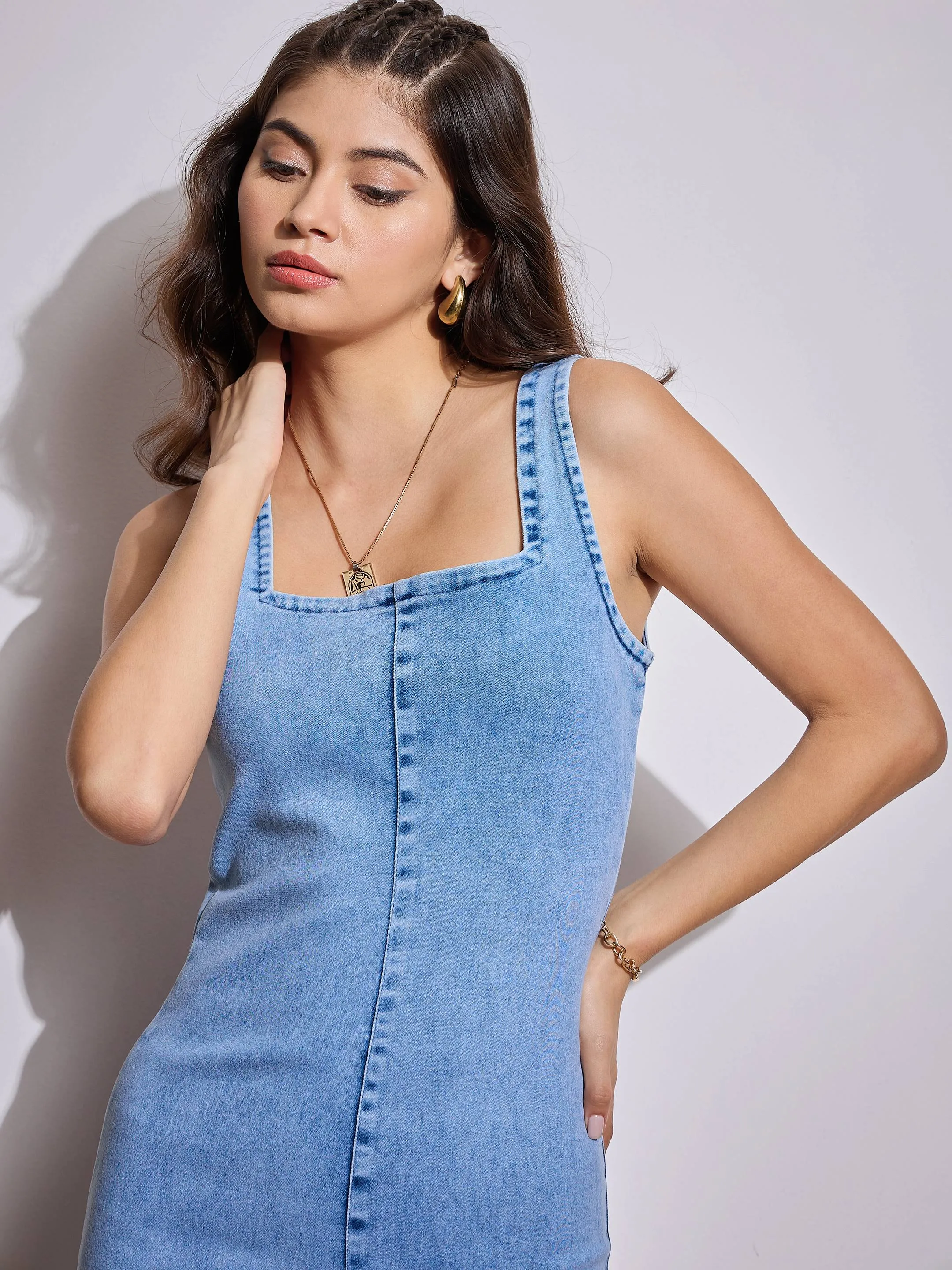 Women Ice Blue Denim Strappy Midi Dress