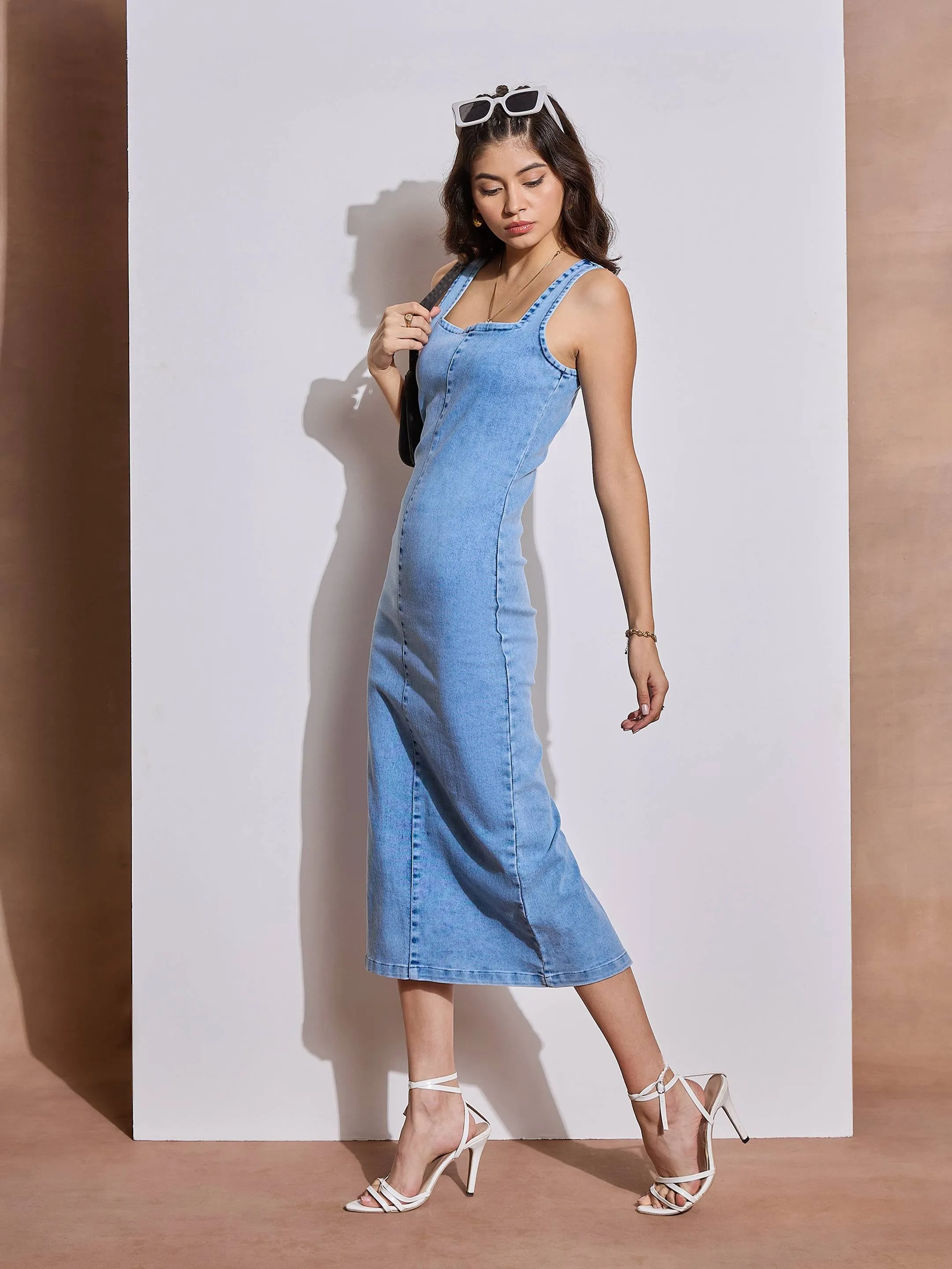 Women Ice Blue Denim Strappy Midi Dress
