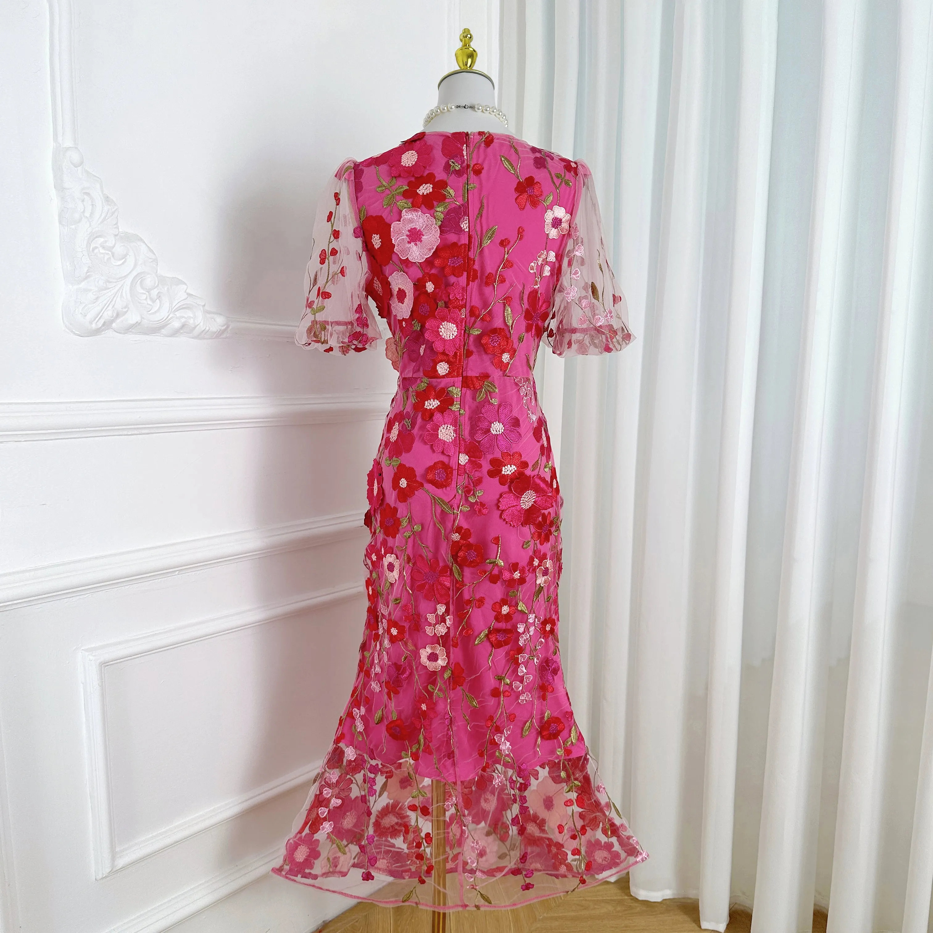 Women's 3D Floral Fishtail Mesh Embroidery Maxi Dress