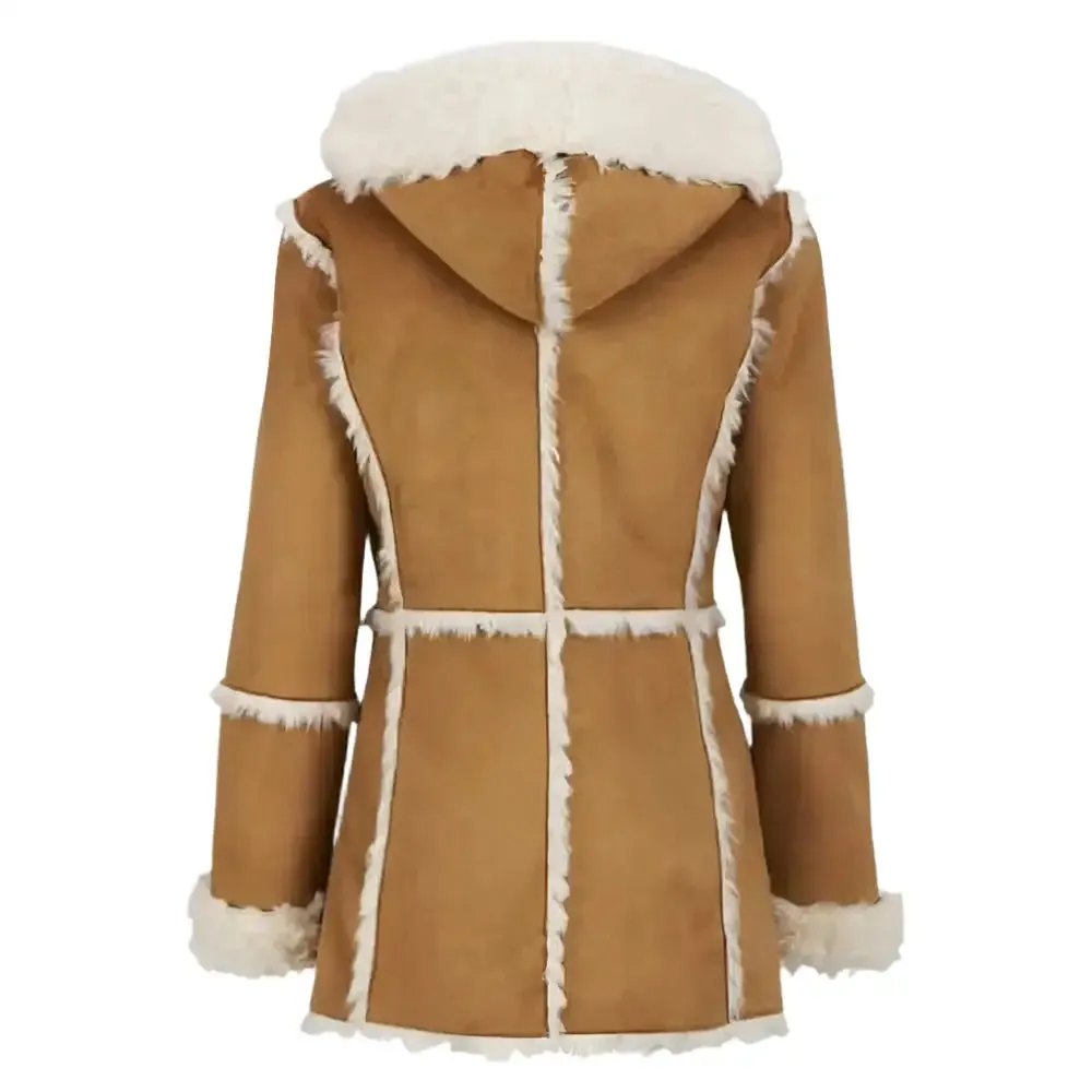 Women's Brown Fur Suede Overcoat with Hood - Shearling Sheepskin Jacket