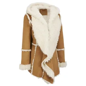 Women's Brown Fur Suede Overcoat with Hood - Shearling Sheepskin Jacket