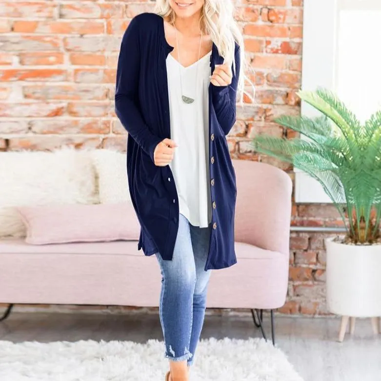 Women's button up fall cardigan long pocket cardigan solid color