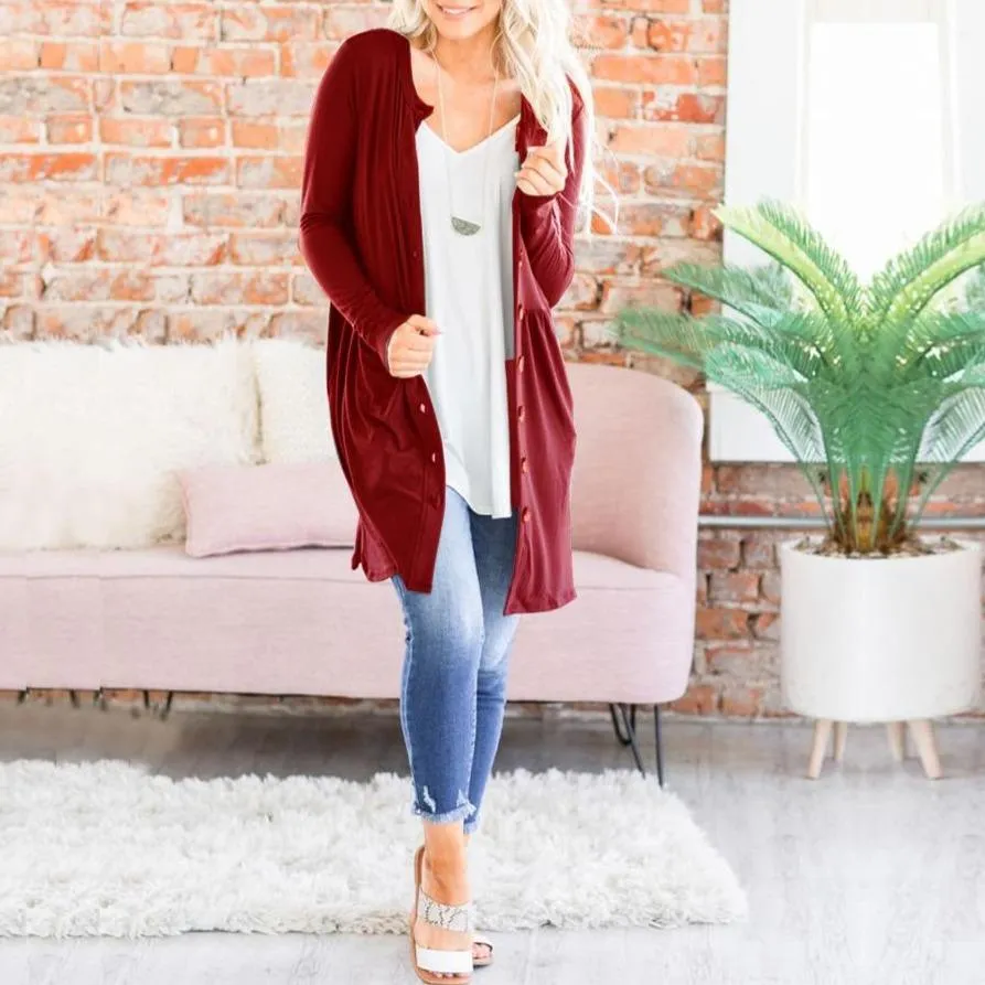 Women's button up fall cardigan long pocket cardigan solid color