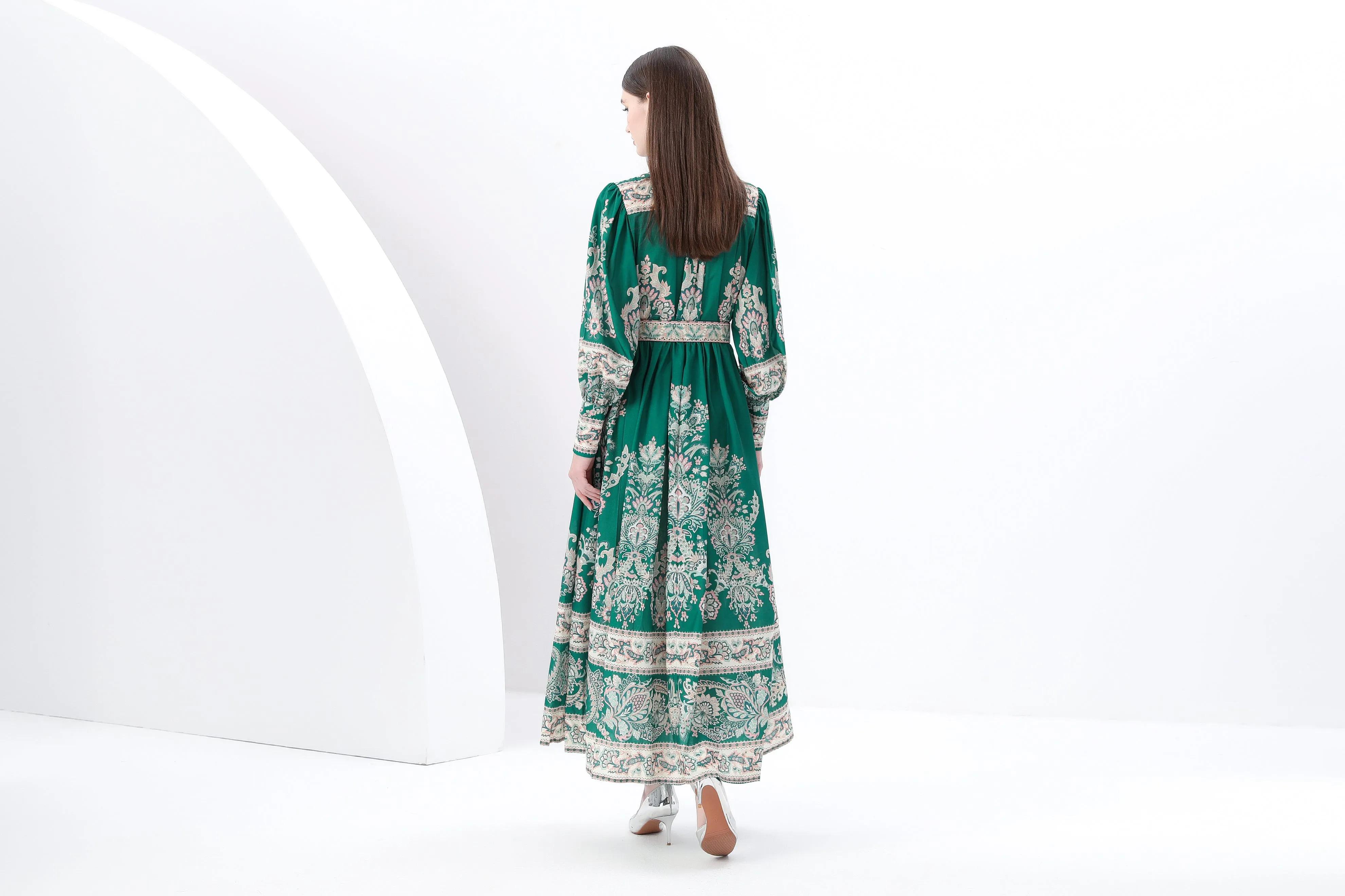 Women's Printed High-neck Puff Sleeves Maxi Dress