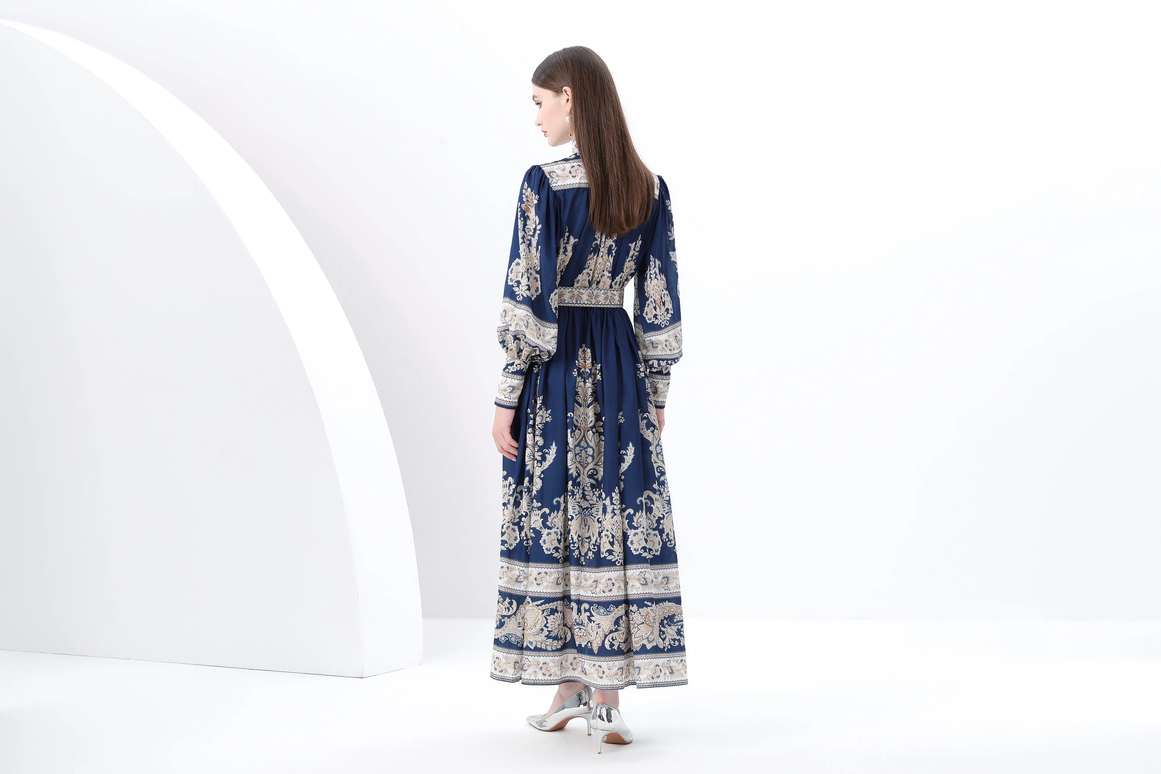 Women's Printed High-neck Puff Sleeves Maxi Dress