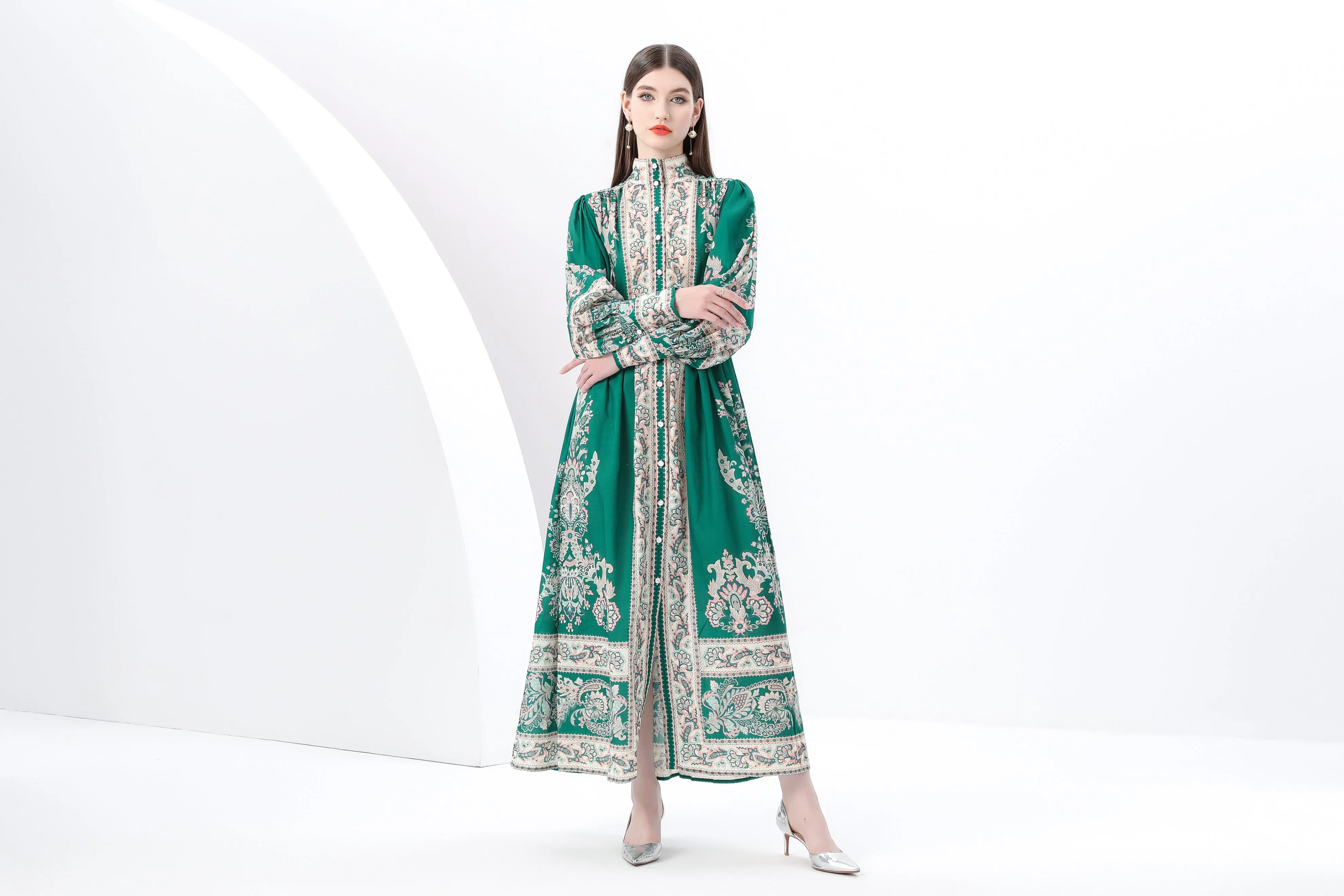 Women's Printed High-neck Puff Sleeves Maxi Dress