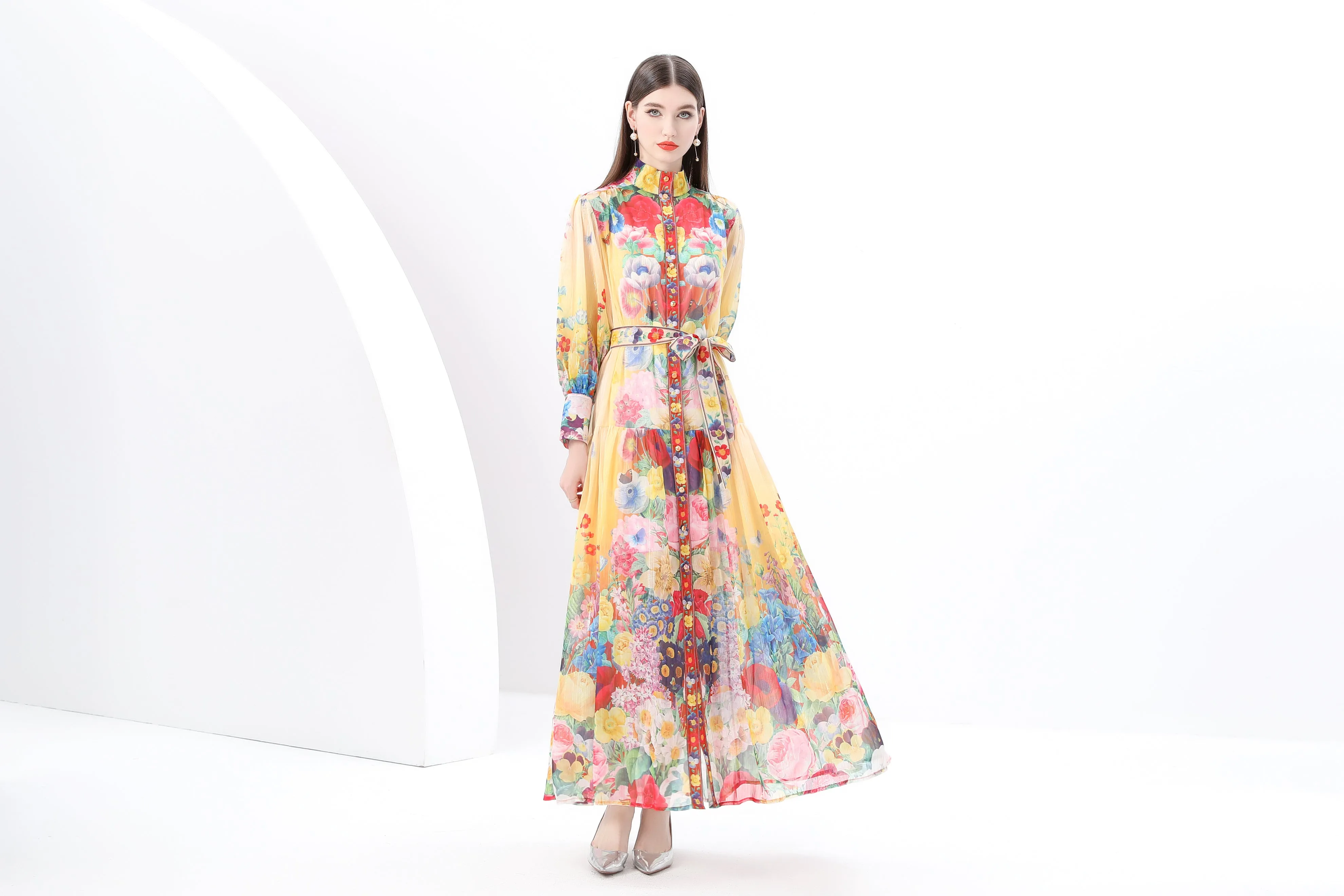 Women's Vintage Floral Print Split Flowy Maxi Dress