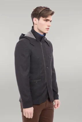 WSS 3 Pockets Hooded Zippered Wool Brown Men Short Coat- - Singen