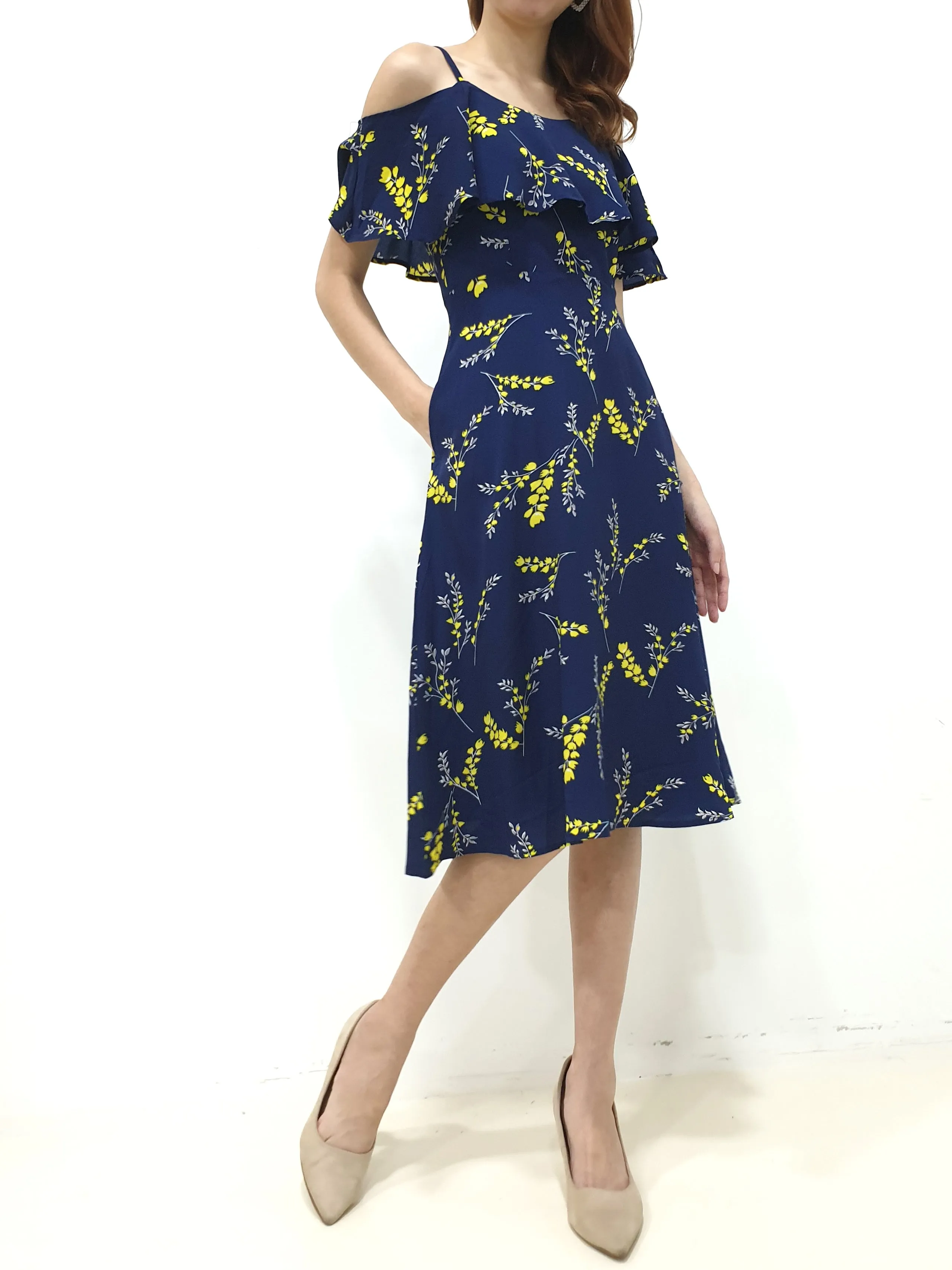 Yellow Print Cold Shoulder Dress - Navy (Non-returnable)