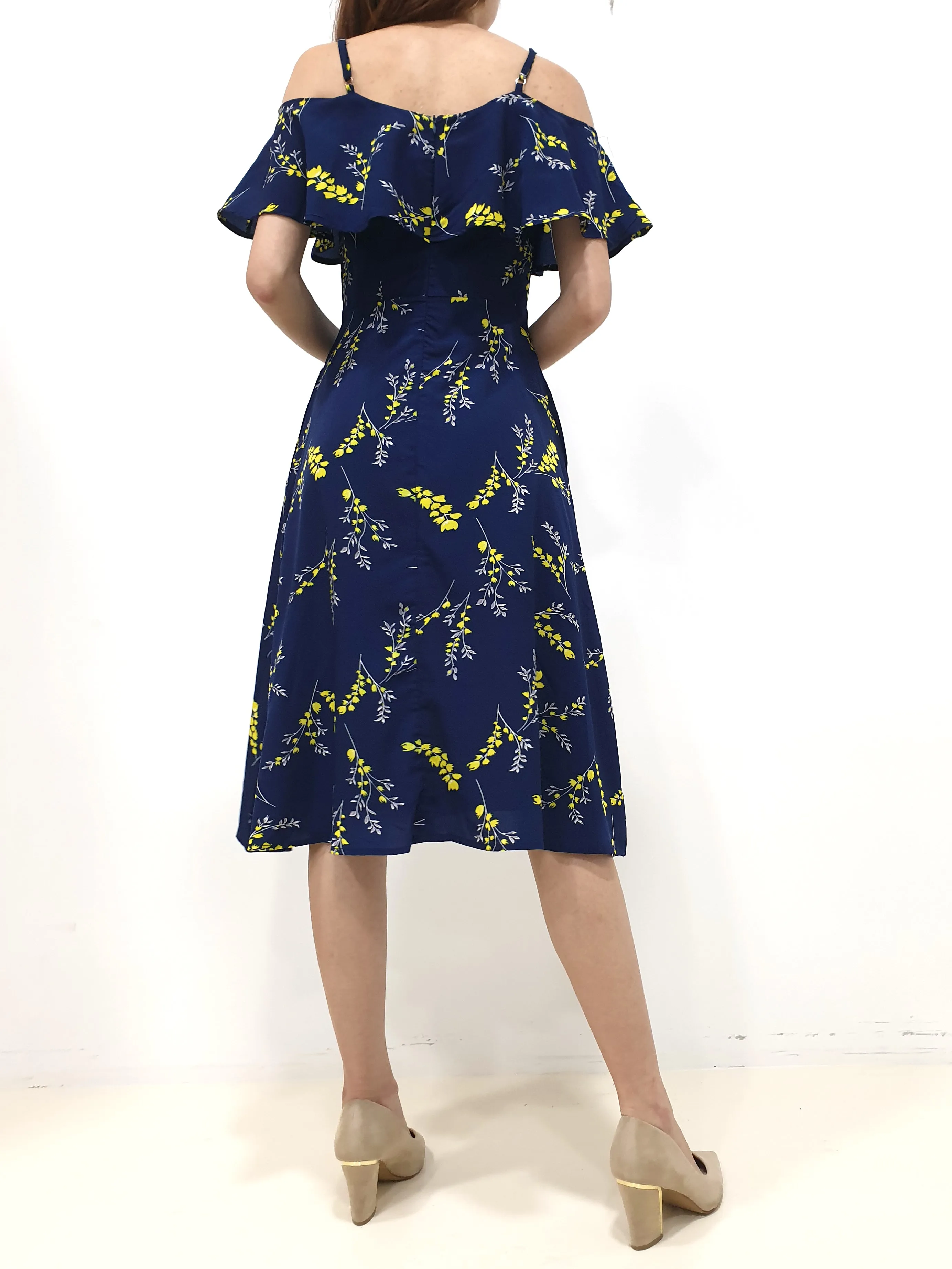 Yellow Print Cold Shoulder Dress - Navy (Non-returnable)