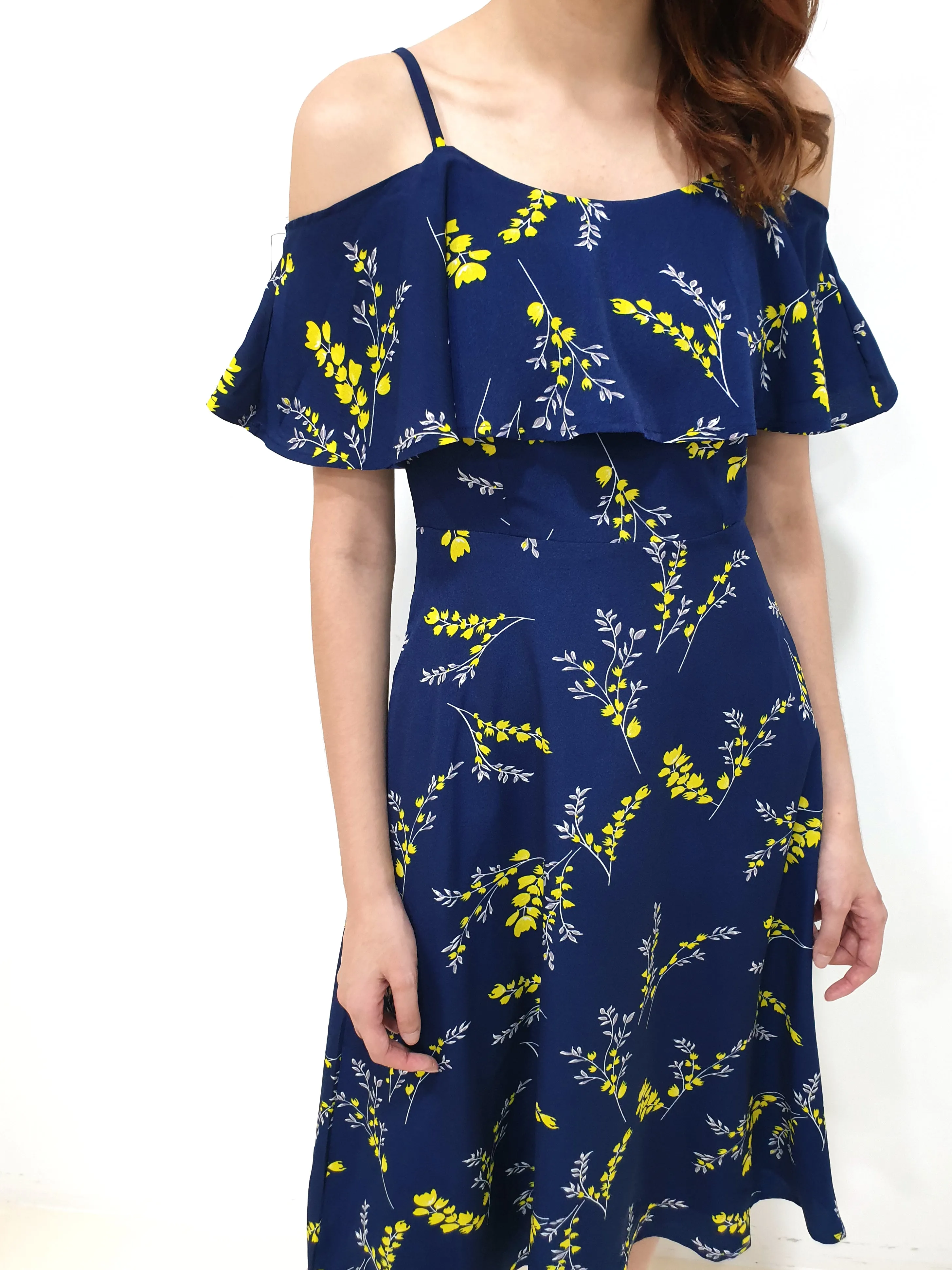 Yellow Print Cold Shoulder Dress - Navy (Non-returnable)