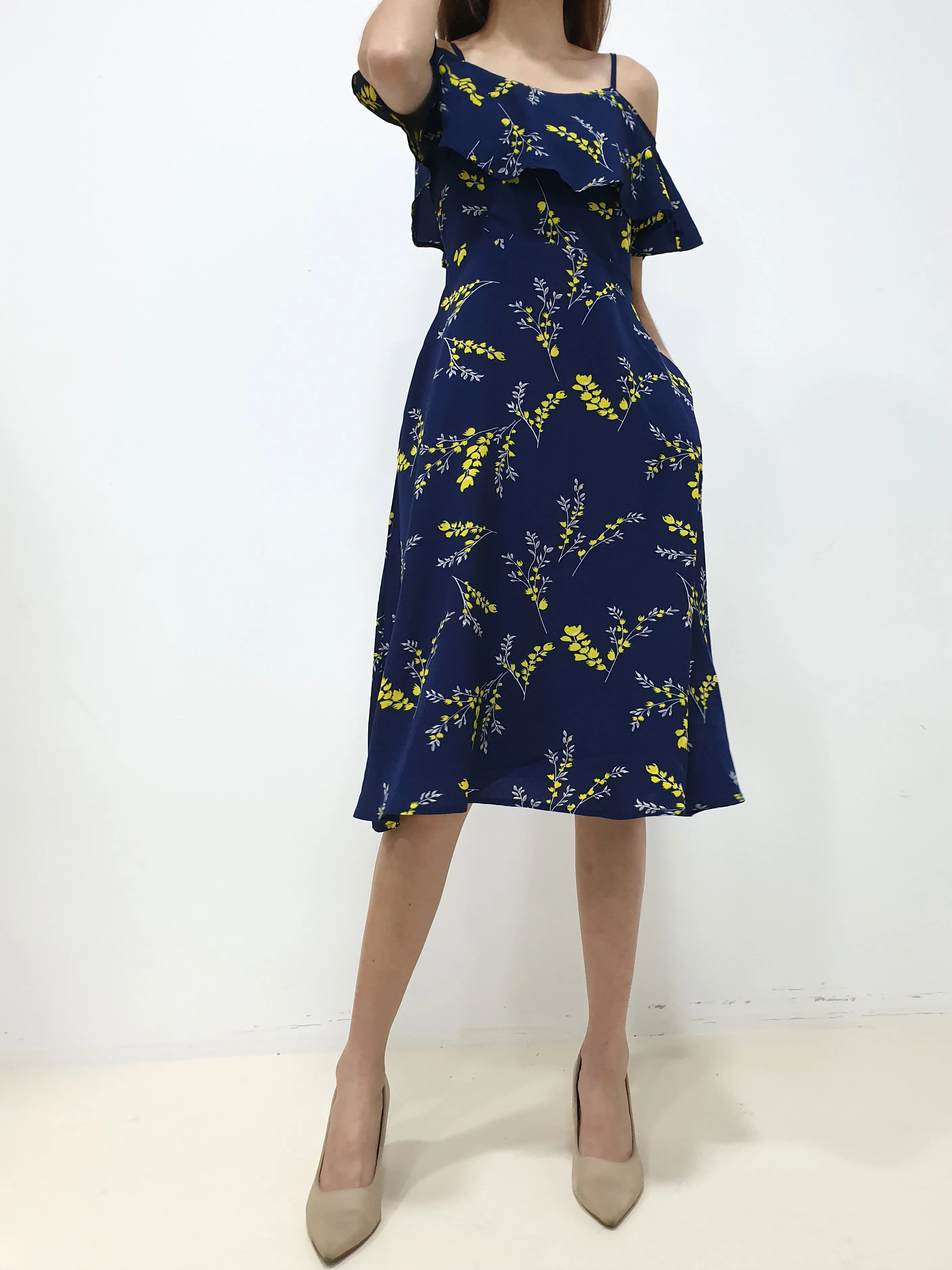 Yellow Print Cold Shoulder Dress - Navy (Non-returnable)